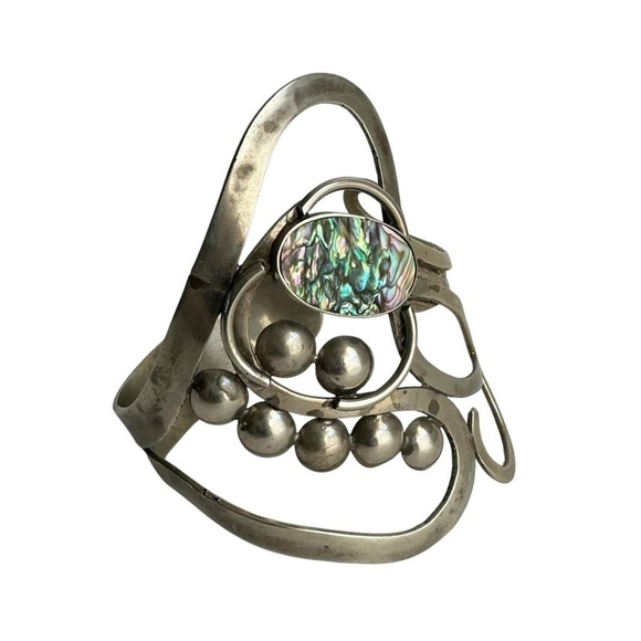 Vintage Abalone Shell Bracelet Artisan Freeform Silver Large Cuff MCM Modernist - Picture 2 of 16